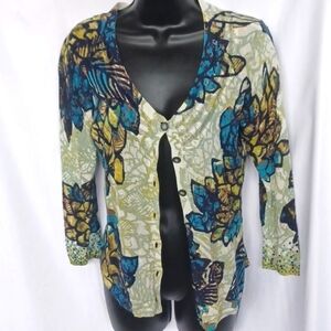 NIC+ZOE Floral Cardigan Sweater Leaf Lightweight Cotton Knit Blue Green Ivory